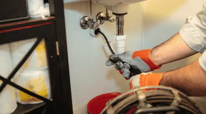 Drain cleaning technician using a motorized plumbing snake to clear a clogged sink pipe in Rockford, IL