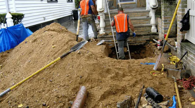 Contractors performing foundation protection and exterior drainage excavation near residential home steps in Rockford, IL